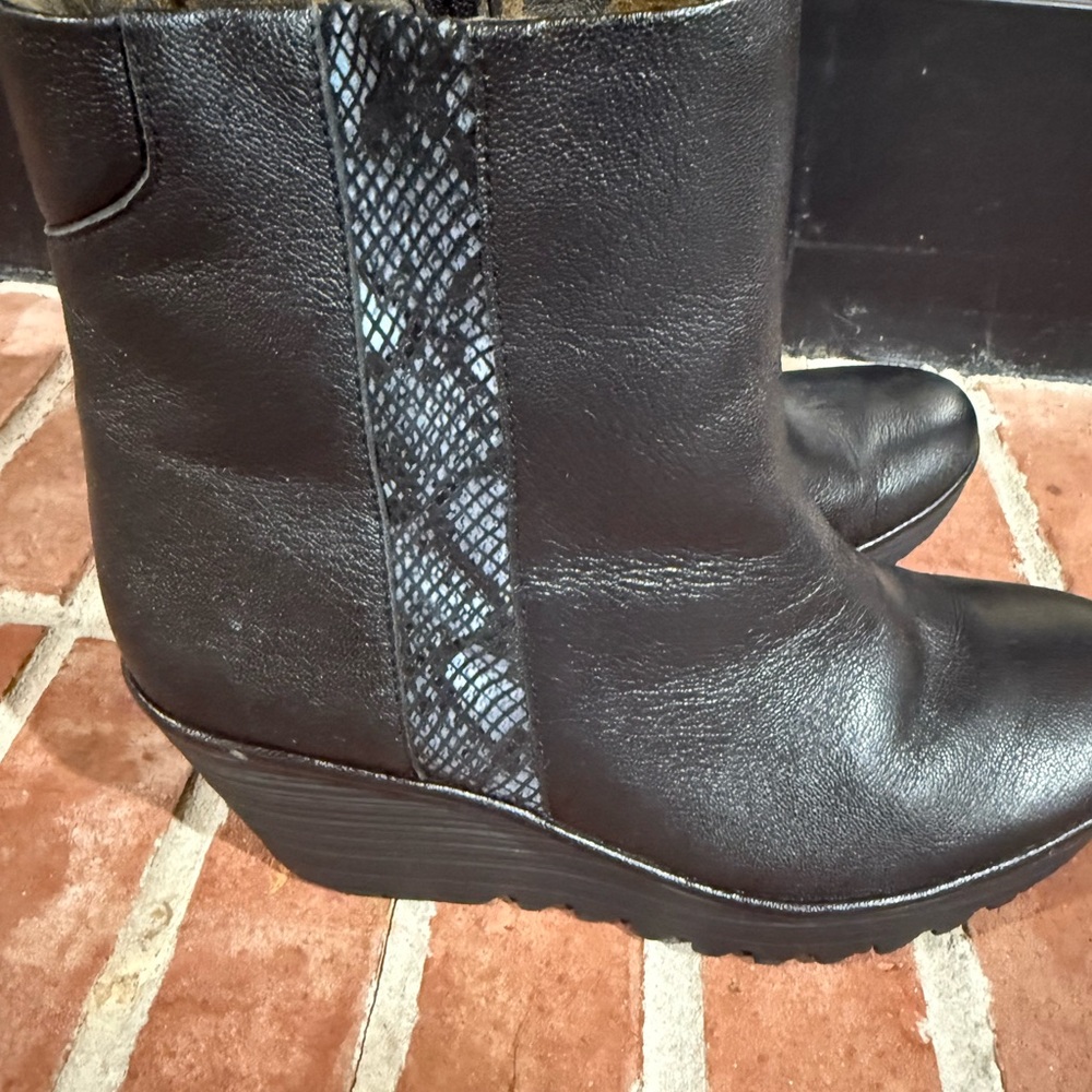 Fly London Black Wedge Boots with Snakeskin Detail - Picture 3 of 6
